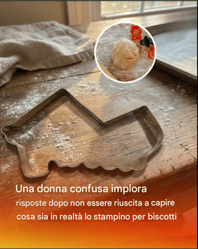 Una donna in difficoltà davanti a uno strano stampino per biscotti cerca delle risposte